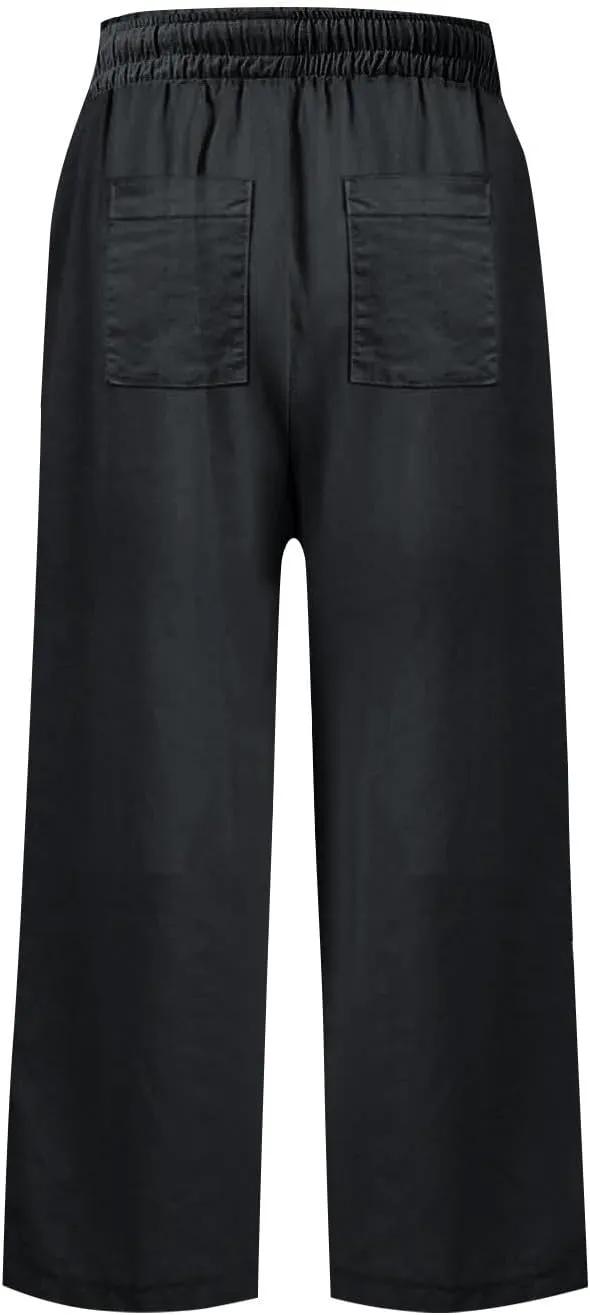 Linen Capri Pants for Women Casual High Waisted Cropped Wide Leg Trousers Lightweight Comfy Beach Pants with Pockets