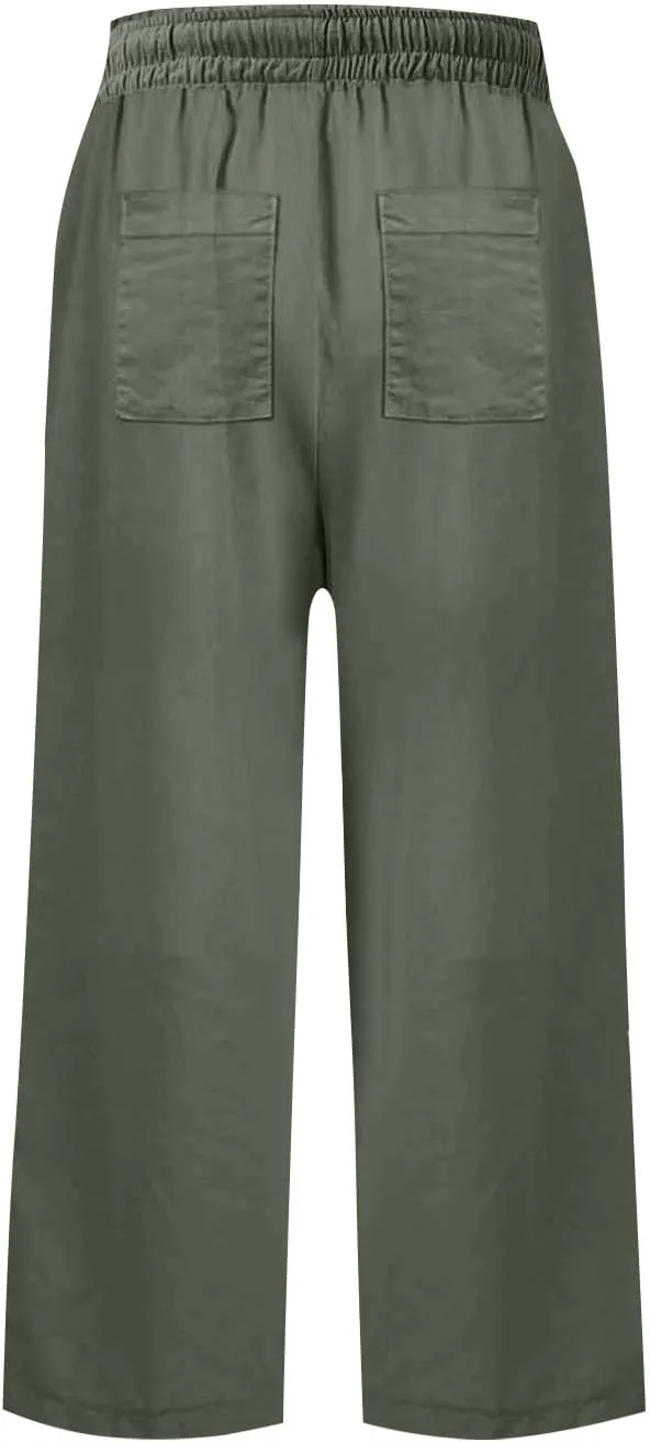 Linen Capri Pants for Women Casual High Waisted Cropped Wide Leg Trousers Lightweight Comfy Beach Pants with Pockets