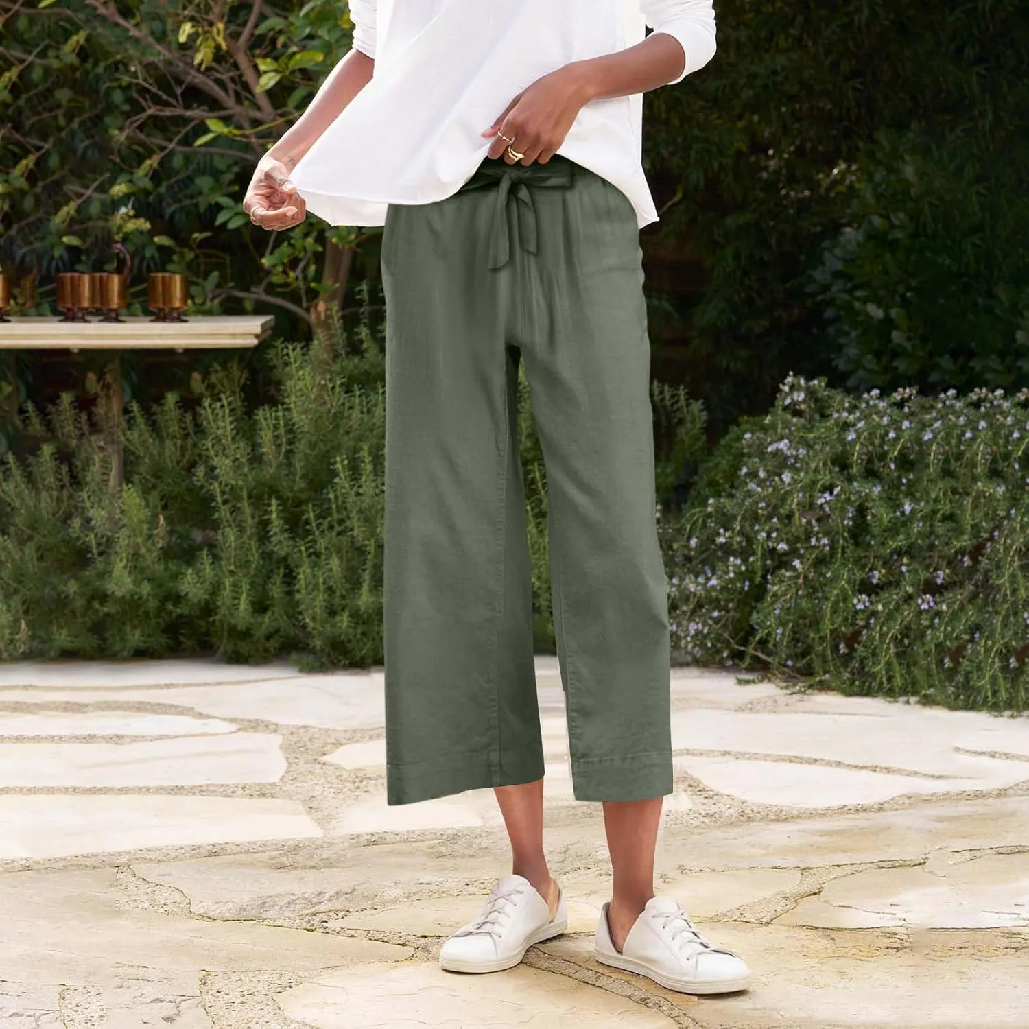 Linen Capri Pants for Women Casual High Waisted Cropped Wide Leg Trousers Lightweight Comfy Beach Pants with Pockets