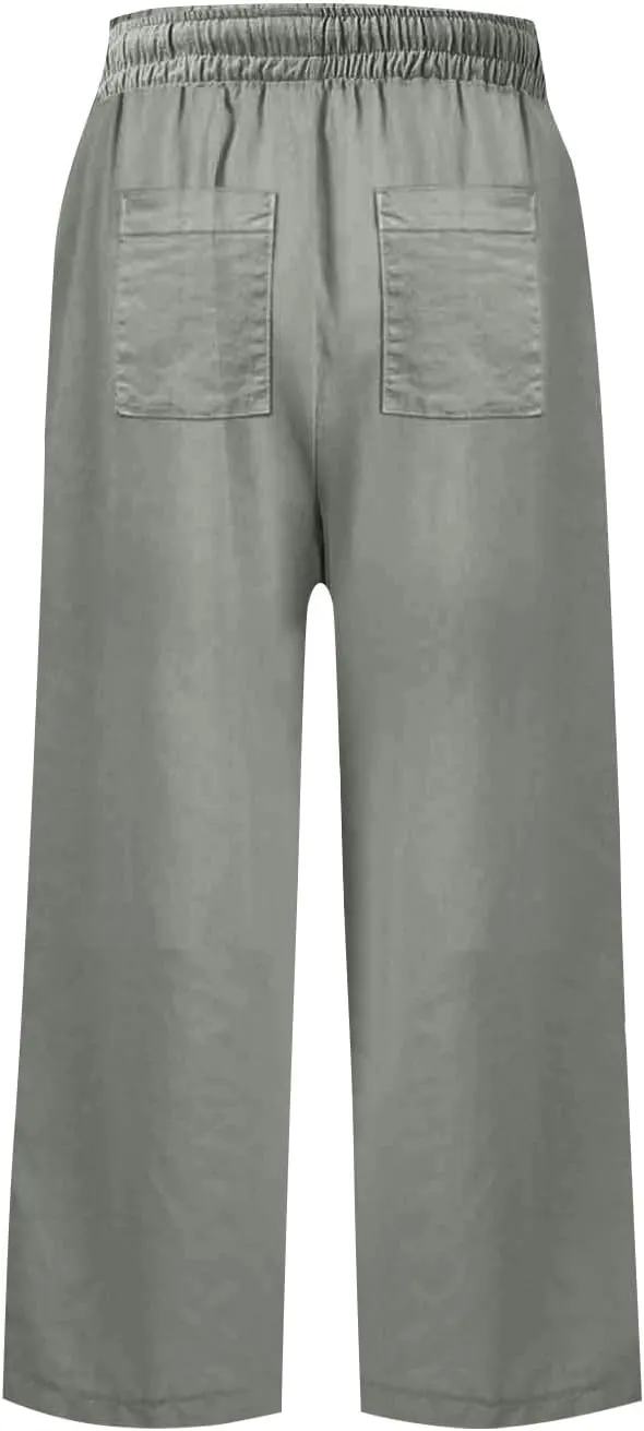 Linen Capri Pants for Women Casual High Waisted Cropped Wide Leg Trousers Lightweight Comfy Beach Pants with Pockets