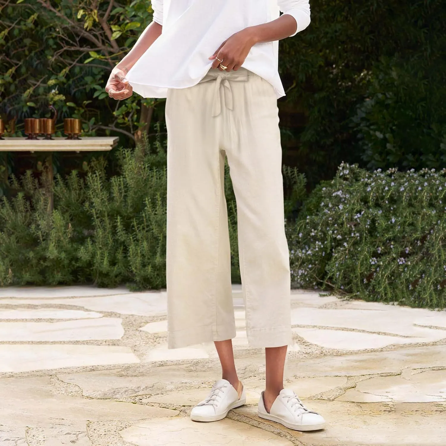 Linen Capri Pants for Women Casual High Waisted Cropped Wide Leg Trousers Lightweight Comfy Beach Pants with Pockets