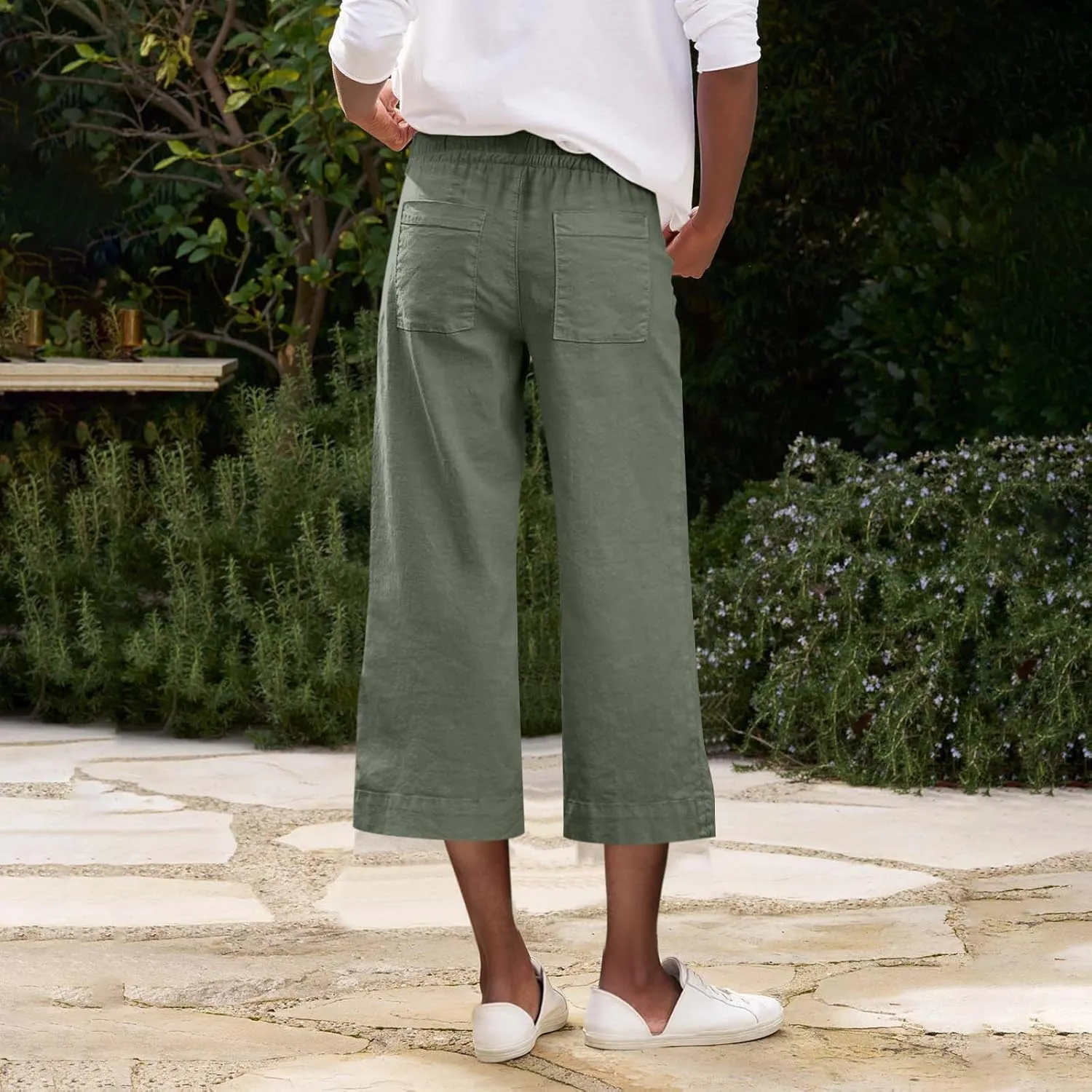 Linen Capri Pants for Women Casual High Waisted Cropped Wide Leg Trousers Lightweight Comfy Beach Pants with Pockets