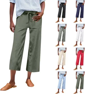 Linen Capri Pants for Women Casual High Waisted Cropped Wide Leg Trousers Lightweight Comfy Beach Pants with Pockets