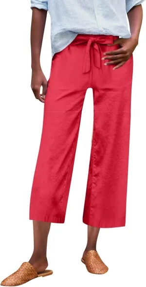 Linen Capri Pants for Women Casual High Waisted Cropped Wide Leg Trousers Lightweight Comfy Beach Pants with Pockets