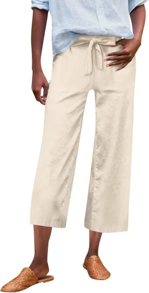 Linen Capri Pants for Women Casual High Waisted Cropped Wide Leg Trousers Lightweight Comfy Beach Pants with Pockets