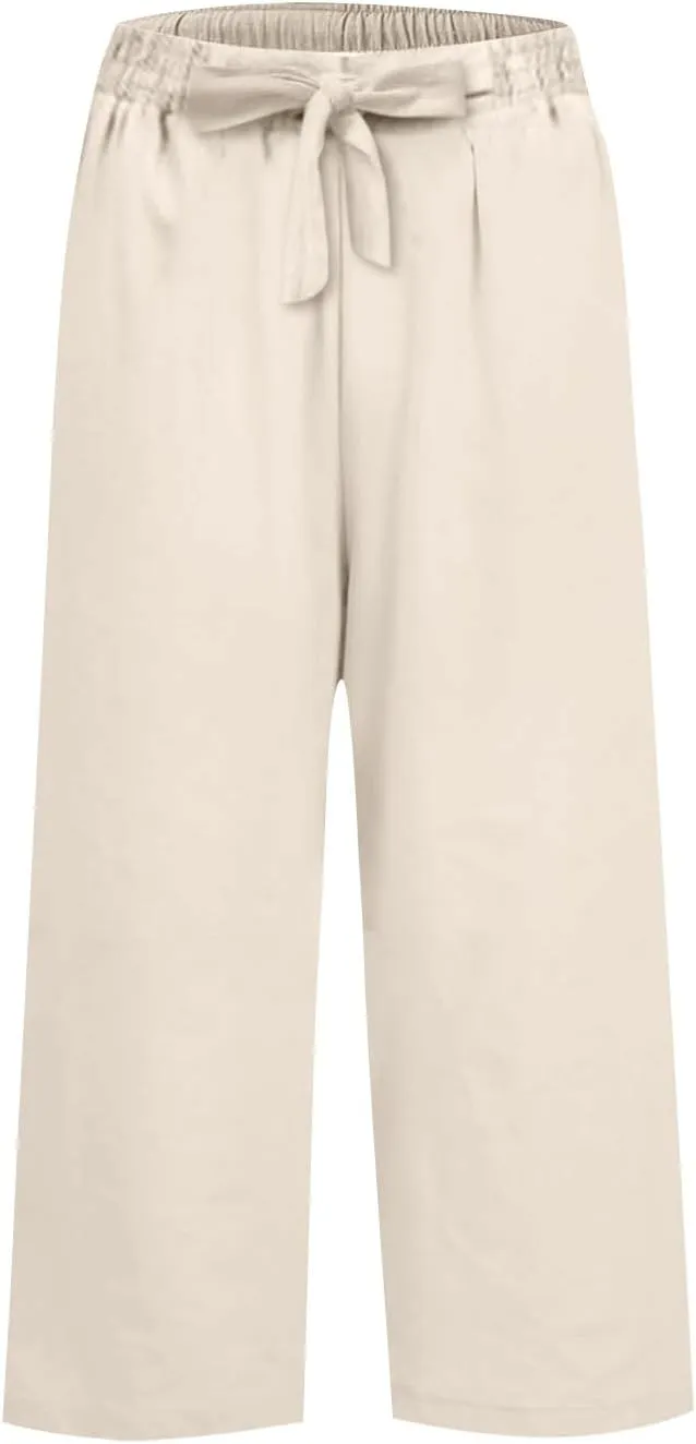 Linen Capri Pants for Women Casual High Waisted Cropped Wide Leg Trousers Lightweight Comfy Beach Pants with Pockets