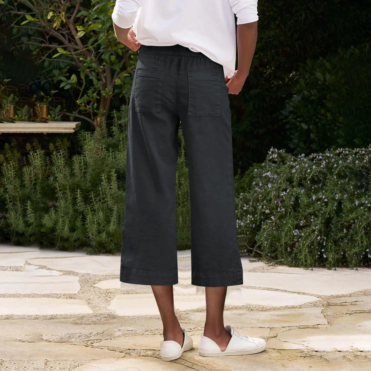 Linen Capri Pants for Women Casual High Waisted Cropped Wide Leg Trousers Lightweight Comfy Beach Pants with Pockets