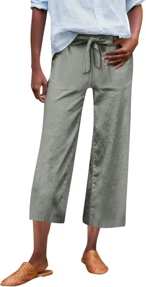 Linen Capri Pants for Women Casual High Waisted Cropped Wide Leg Trousers Lightweight Comfy Beach Pants with Pockets
