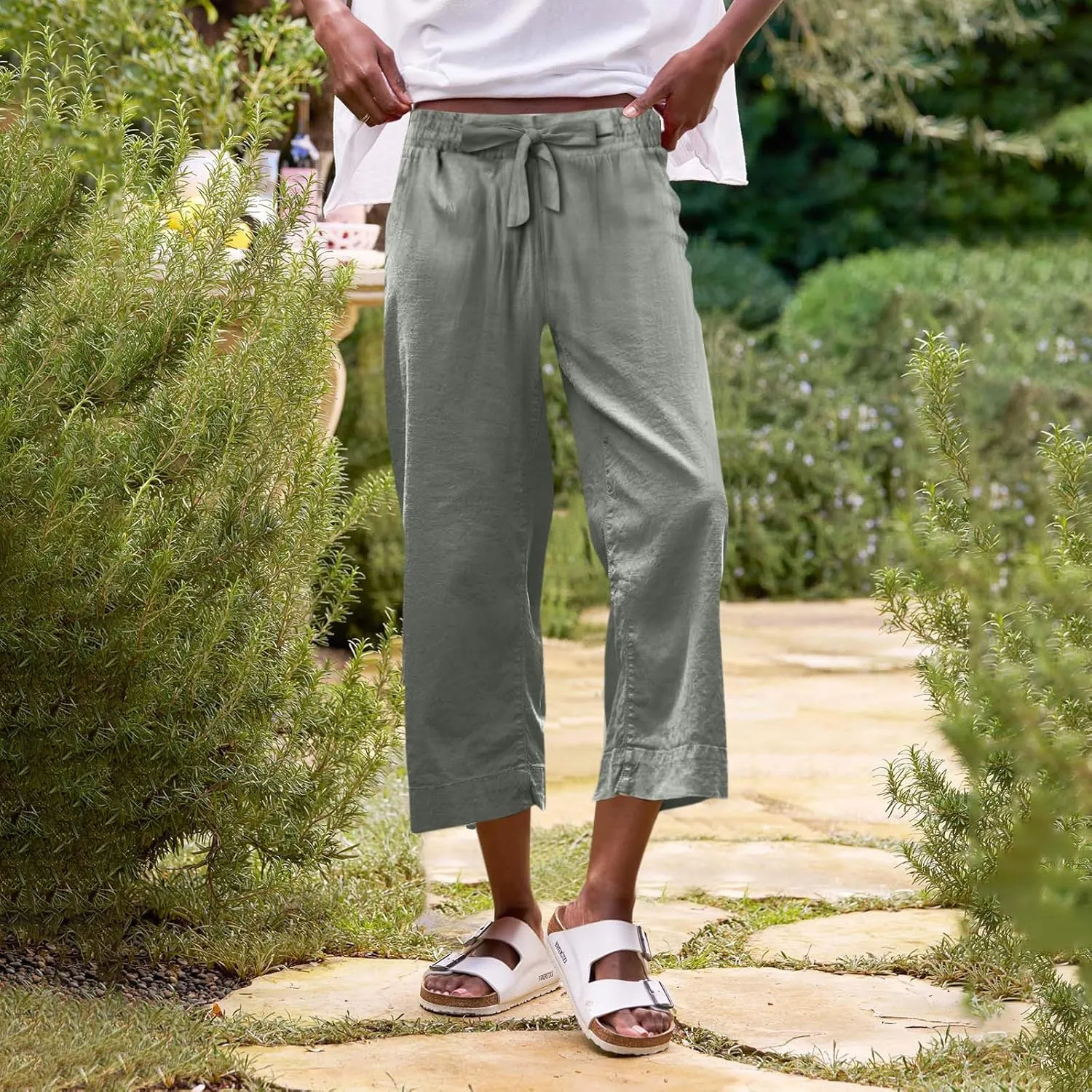 Linen Capri Pants for Women Casual High Waisted Cropped Wide Leg Trousers Lightweight Comfy Beach Pants with Pockets