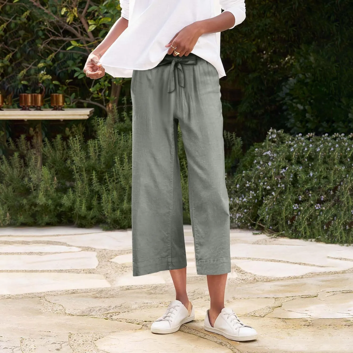Linen Capri Pants for Women Casual High Waisted Cropped Wide Leg Trousers Lightweight Comfy Beach Pants with Pockets