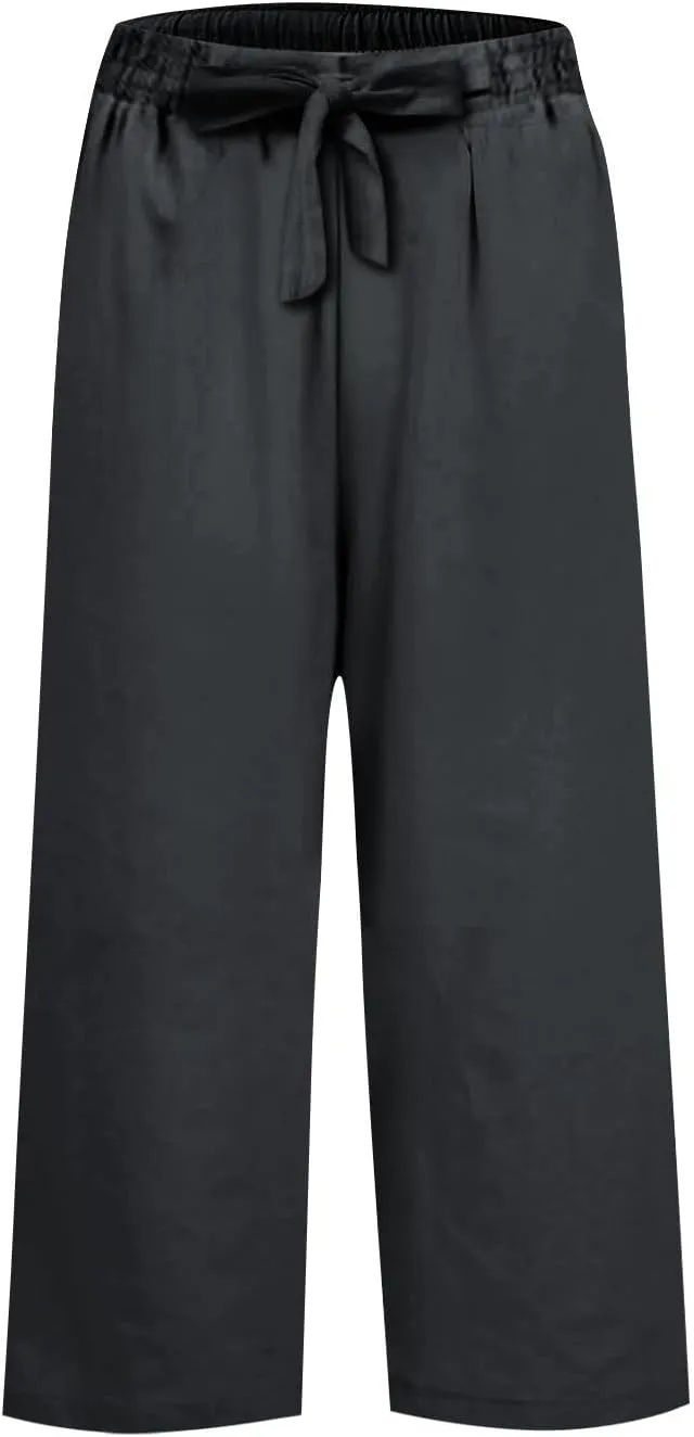 Linen Capri Pants for Women Casual High Waisted Cropped Wide Leg Trousers Lightweight Comfy Beach Pants with Pockets