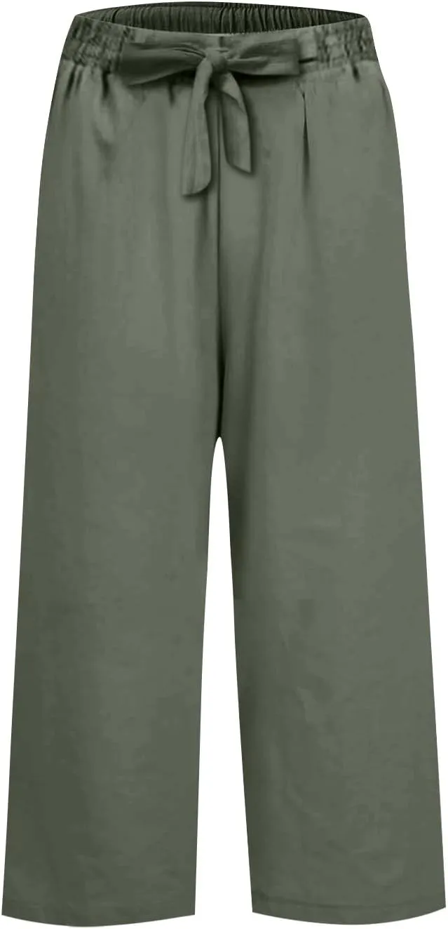 Linen Capri Pants for Women Casual High Waisted Cropped Wide Leg Trousers Lightweight Comfy Beach Pants with Pockets