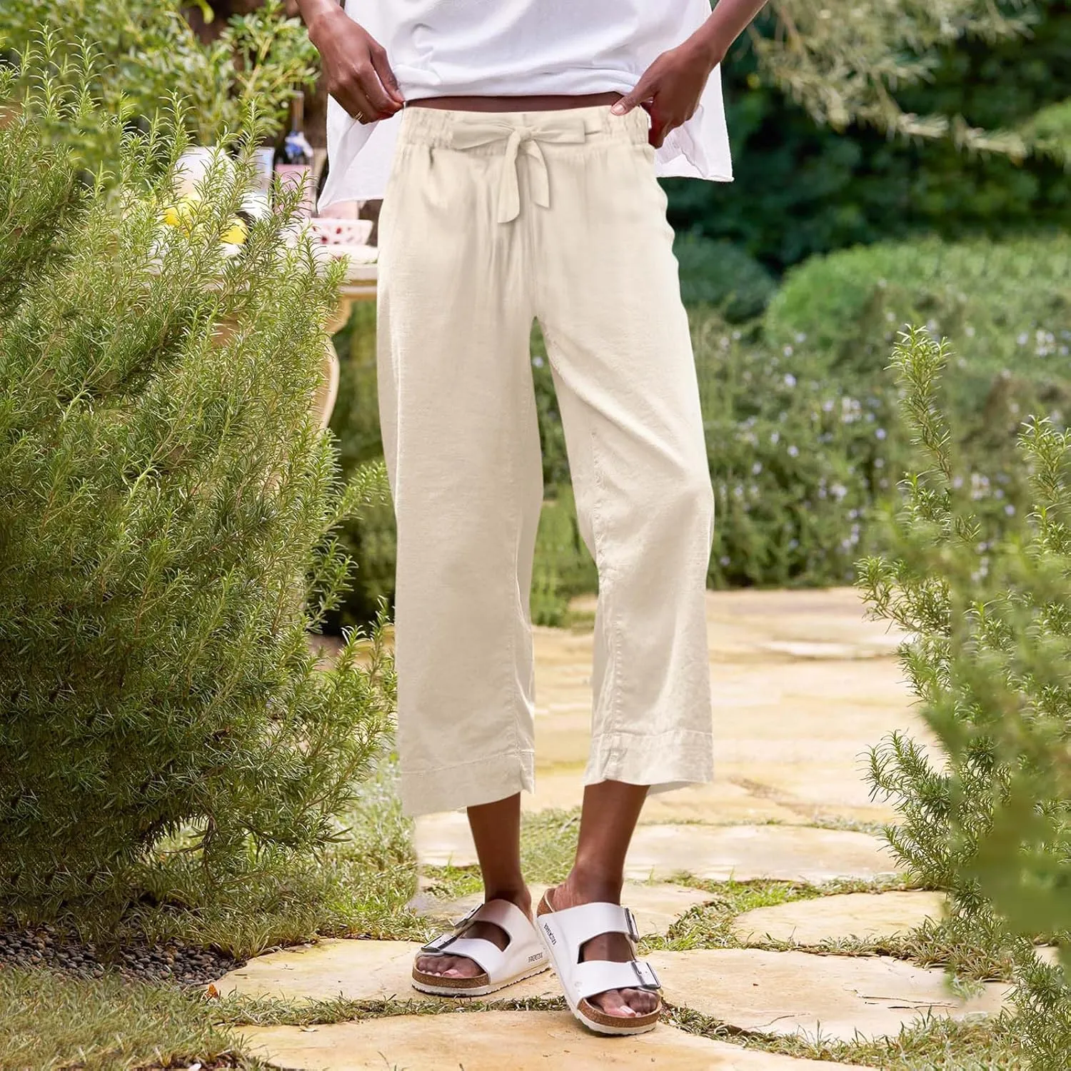 Linen Capri Pants for Women Casual High Waisted Cropped Wide Leg Trousers Lightweight Comfy Beach Pants with Pockets