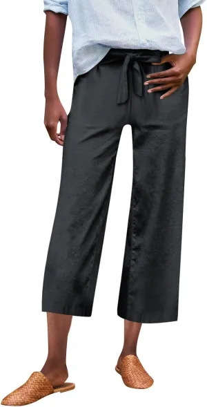 Linen Capri Pants for Women Casual High Waisted Cropped Wide Leg Trousers Lightweight Comfy Beach Pants with Pockets