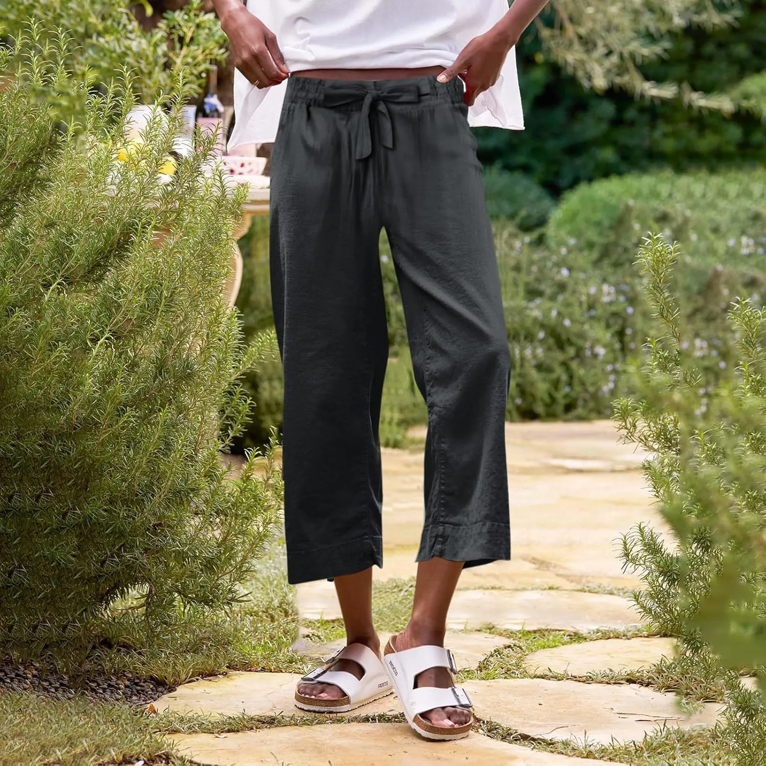 Linen Capri Pants for Women Casual High Waisted Cropped Wide Leg Trousers Lightweight Comfy Beach Pants with Pockets