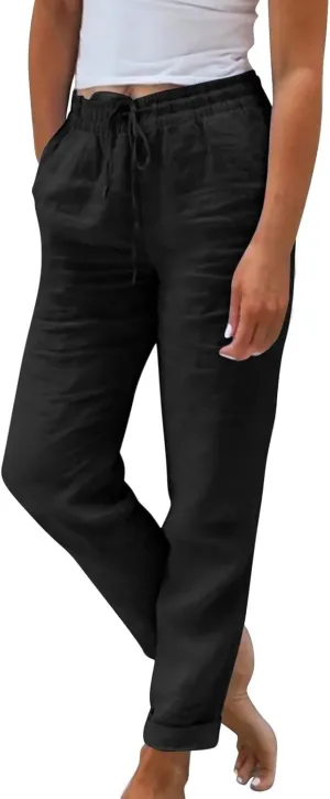 Linen Capri Pants for Women Rolled Hem High Waisted Straight Leg Pants Loose Casual Summer Beach Pant with Pockets