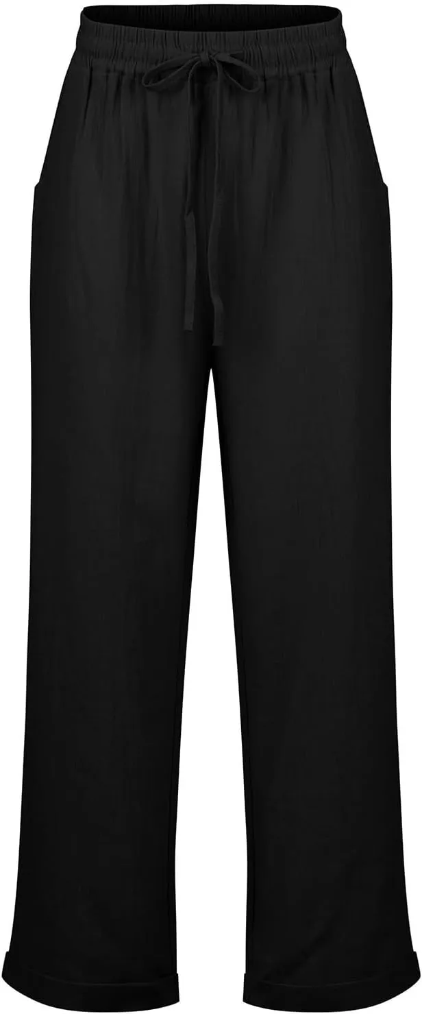Linen Capri Pants for Women Rolled Hem High Waisted Straight Leg Pants Loose Casual Summer Beach Pant with Pockets