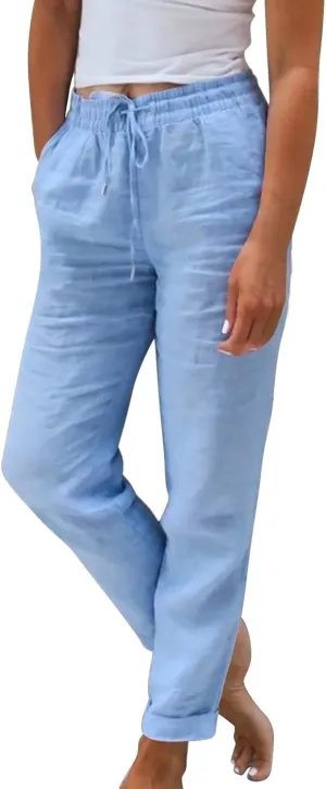 Linen Capri Pants for Women Rolled Hem High Waisted Straight Leg Pants Loose Casual Summer Beach Pant with Pockets