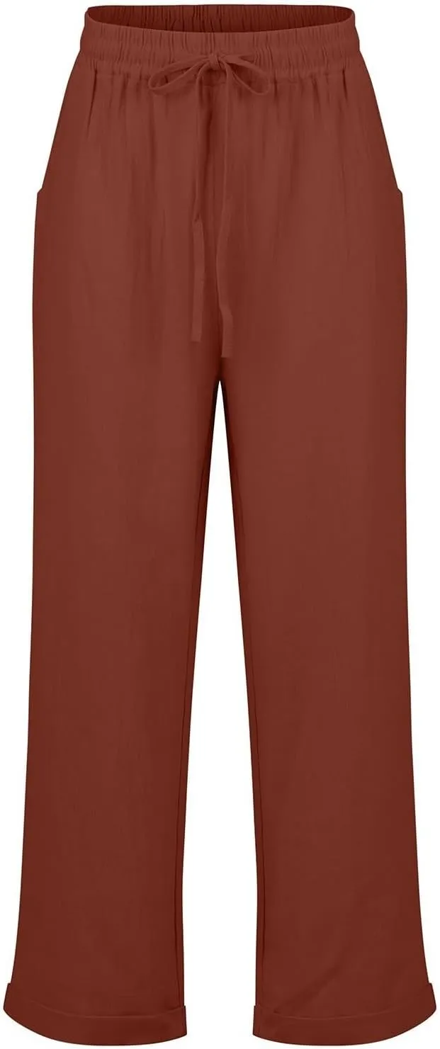 Linen Capri Pants for Women Rolled Hem High Waisted Straight Leg Pants Loose Casual Summer Beach Pant with Pockets