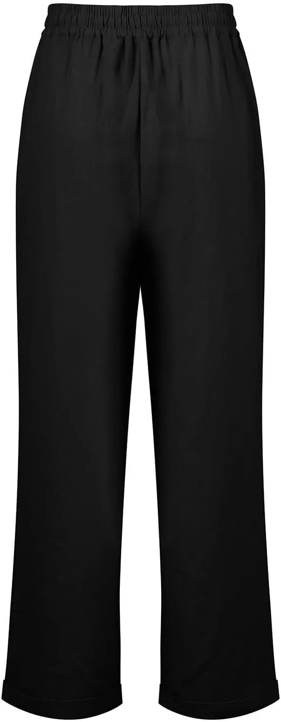 Linen Capri Pants for Women Rolled Hem High Waisted Straight Leg Pants Loose Casual Summer Beach Pant with Pockets