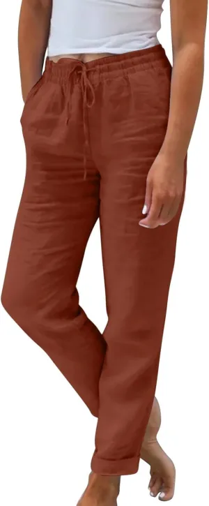 Linen Capri Pants for Women Rolled Hem High Waisted Straight Leg Pants Loose Casual Summer Beach Pant with Pockets