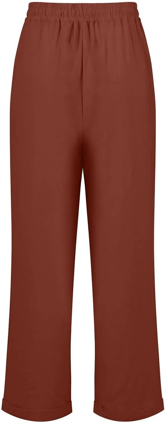 Linen Capri Pants for Women Rolled Hem High Waisted Straight Leg Pants Loose Casual Summer Beach Pant with Pockets