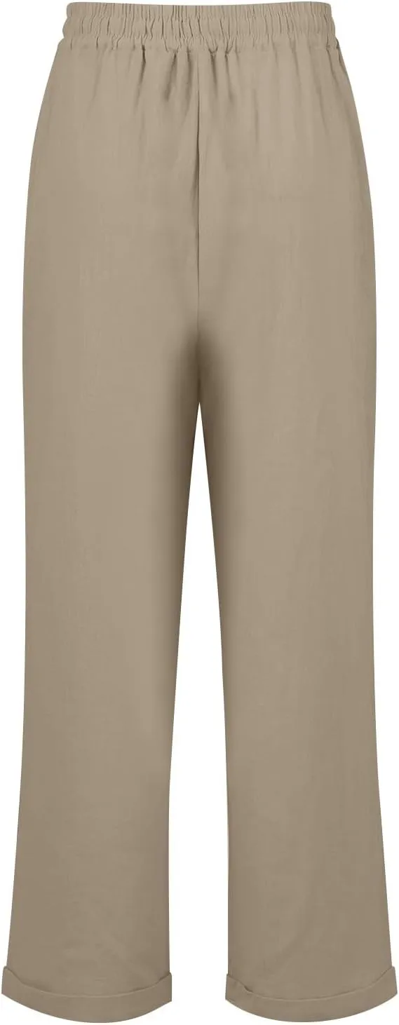 Linen Capri Pants for Women Rolled Hem High Waisted Straight Leg Pants Loose Casual Summer Beach Pant with Pockets