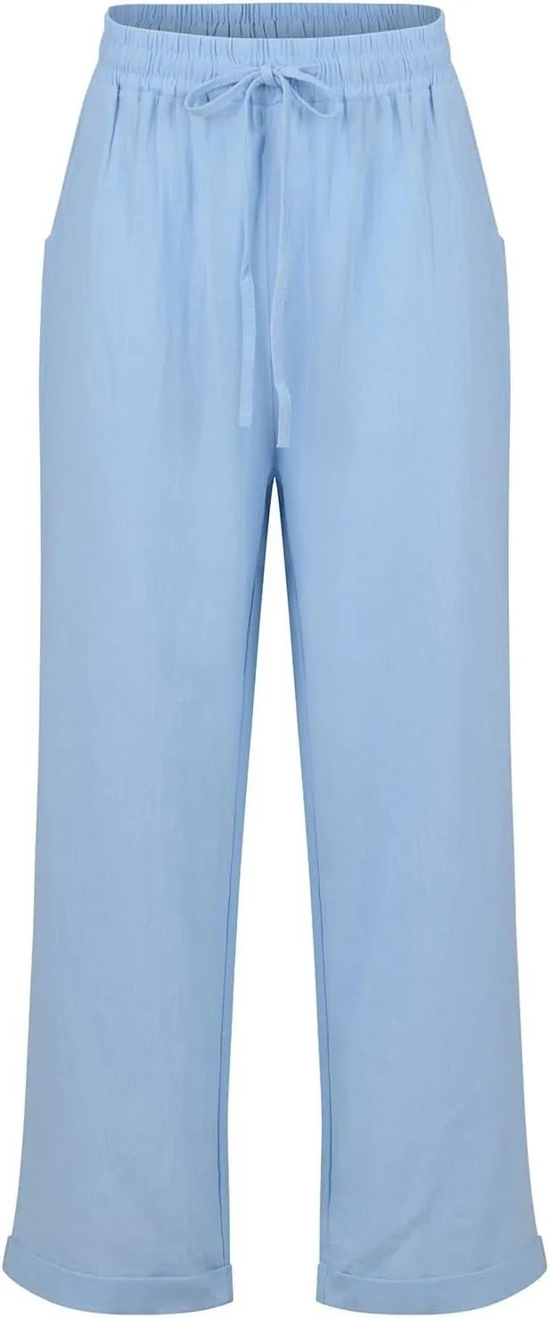 Linen Capri Pants for Women Rolled Hem High Waisted Straight Leg Pants Loose Casual Summer Beach Pant with Pockets