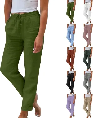 Linen Capri Pants for Women Rolled Hem High Waisted Straight Leg Pants Loose Casual Summer Beach Pant with Pockets