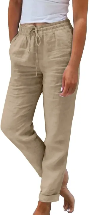 Linen Capri Pants for Women Rolled Hem High Waisted Straight Leg Pants Loose Casual Summer Beach Pant with Pockets
