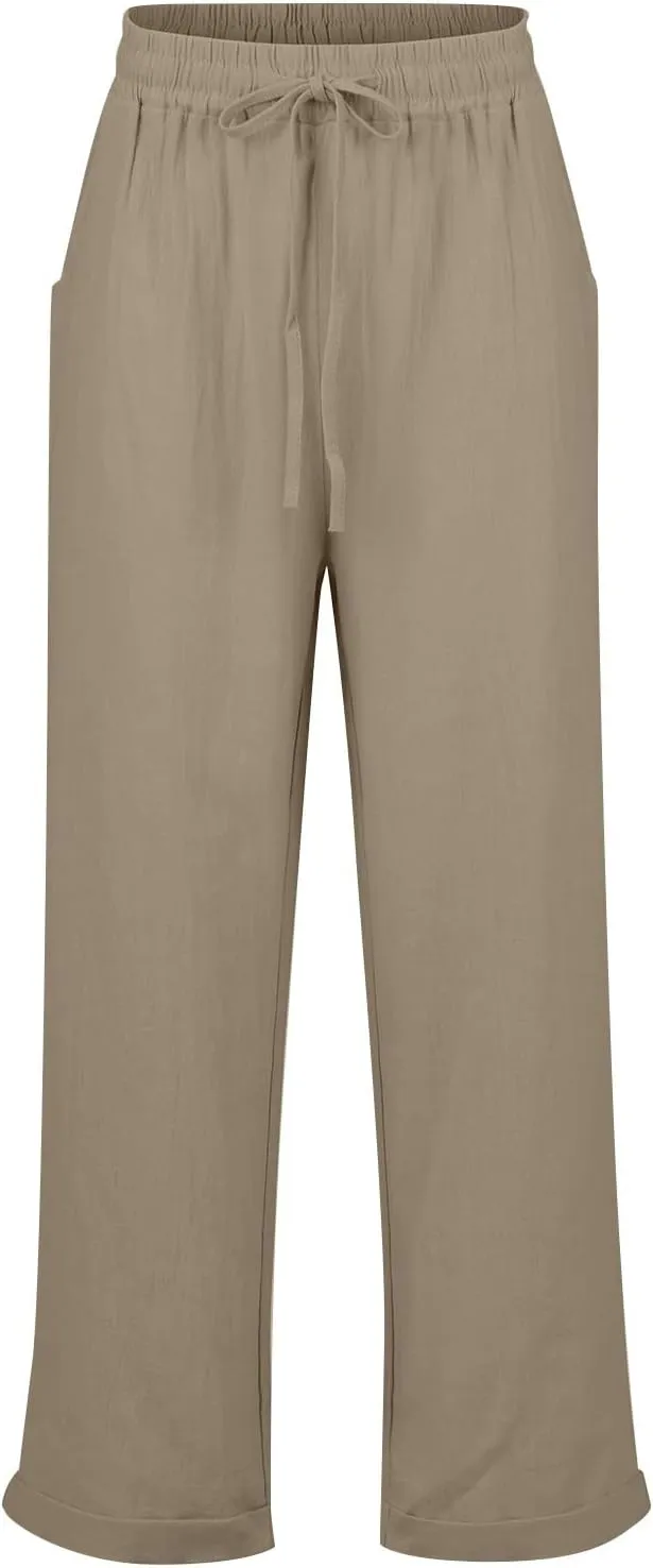 Linen Capri Pants for Women Rolled Hem High Waisted Straight Leg Pants Loose Casual Summer Beach Pant with Pockets