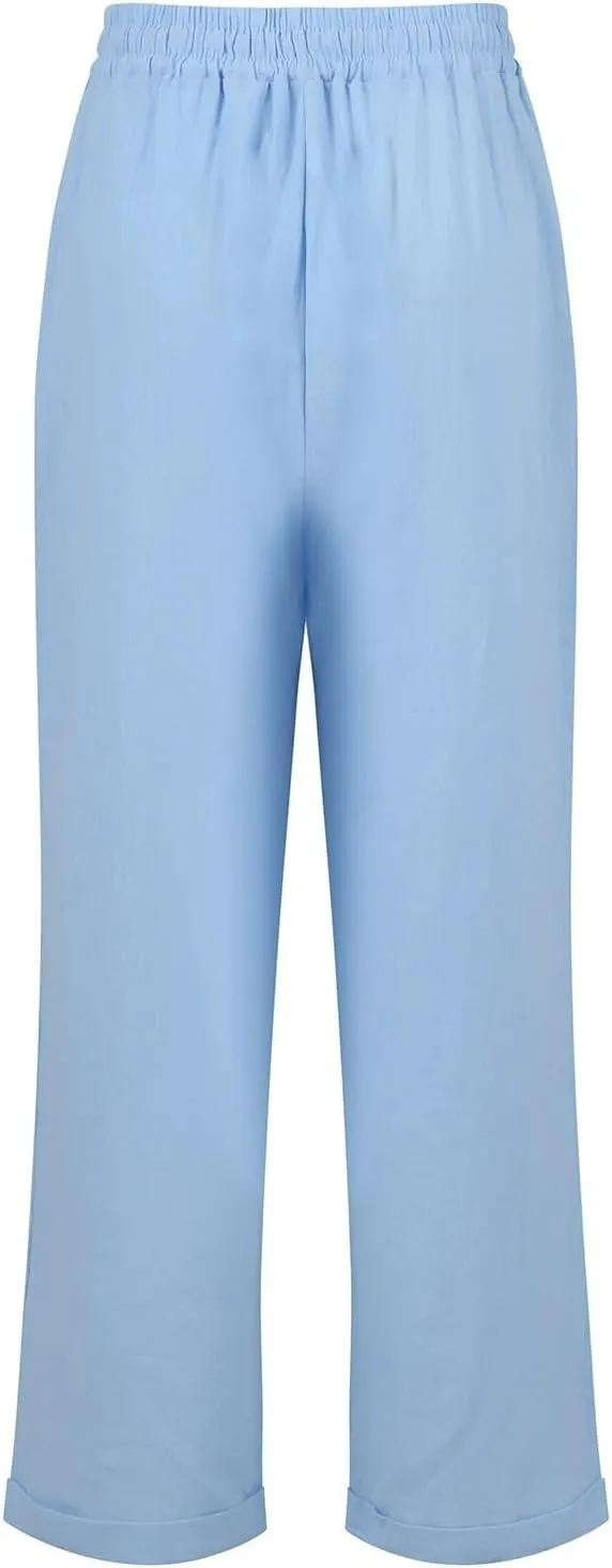 Linen Capri Pants for Women Rolled Hem High Waisted Straight Leg Pants Loose Casual Summer Beach Pant with Pockets