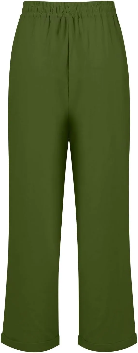 Linen Capri Pants for Women Rolled Hem High Waisted Straight Leg Pants Loose Casual Summer Beach Pant with Pockets