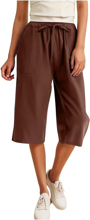 Linen Capris Pants for Women Summer Drawstring High Waisted Yoga Pants Comfy Soft Baagy Lounge Trousers with Pockets