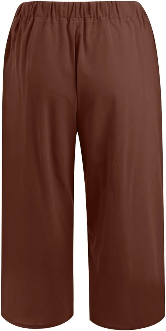 Linen Capris Pants for Women Summer Drawstring High Waisted Yoga Pants Comfy Soft Baagy Lounge Trousers with Pockets