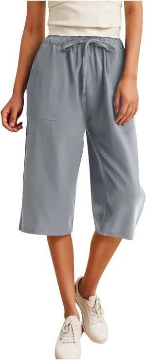Linen Capris Pants for Women Summer Drawstring High Waisted Yoga Pants Comfy Soft Baagy Lounge Trousers with Pockets
