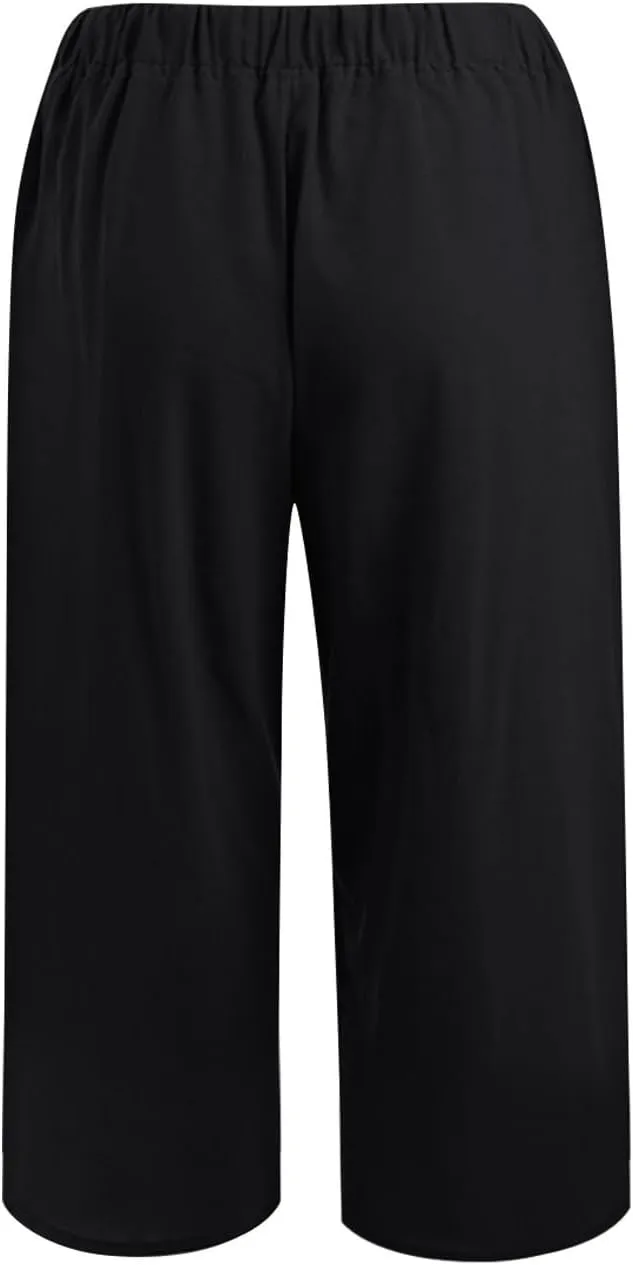 Linen Capris Pants for Women Summer Drawstring High Waisted Yoga Pants Comfy Soft Baagy Lounge Trousers with Pockets