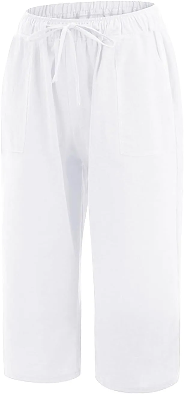 Linen Capris Pants for Women Summer Drawstring High Waisted Yoga Pants Comfy Soft Baagy Lounge Trousers with Pockets