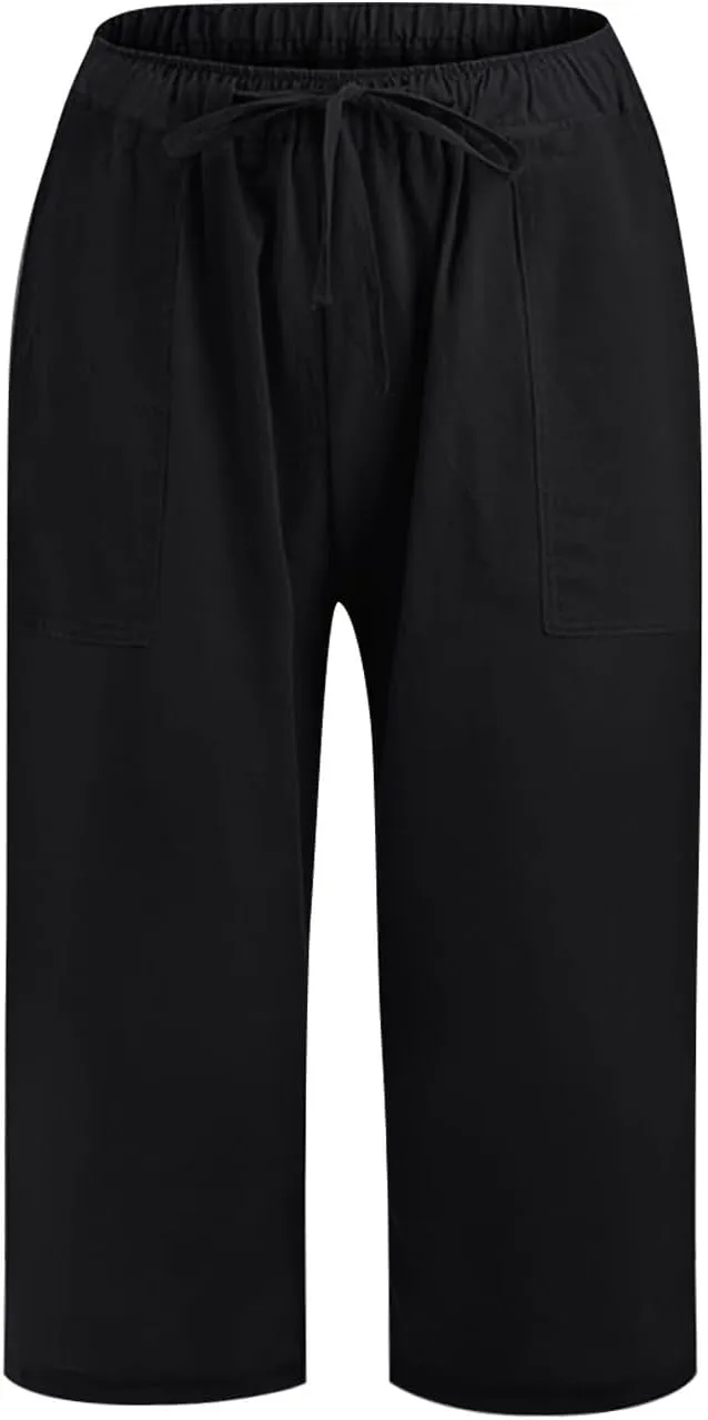 Linen Capris Pants for Women Summer Drawstring High Waisted Yoga Pants Comfy Soft Baagy Lounge Trousers with Pockets