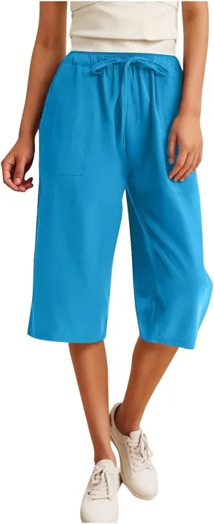 Linen Capris Pants for Women Summer Drawstring High Waisted Yoga Pants Comfy Soft Baagy Lounge Trousers with Pockets