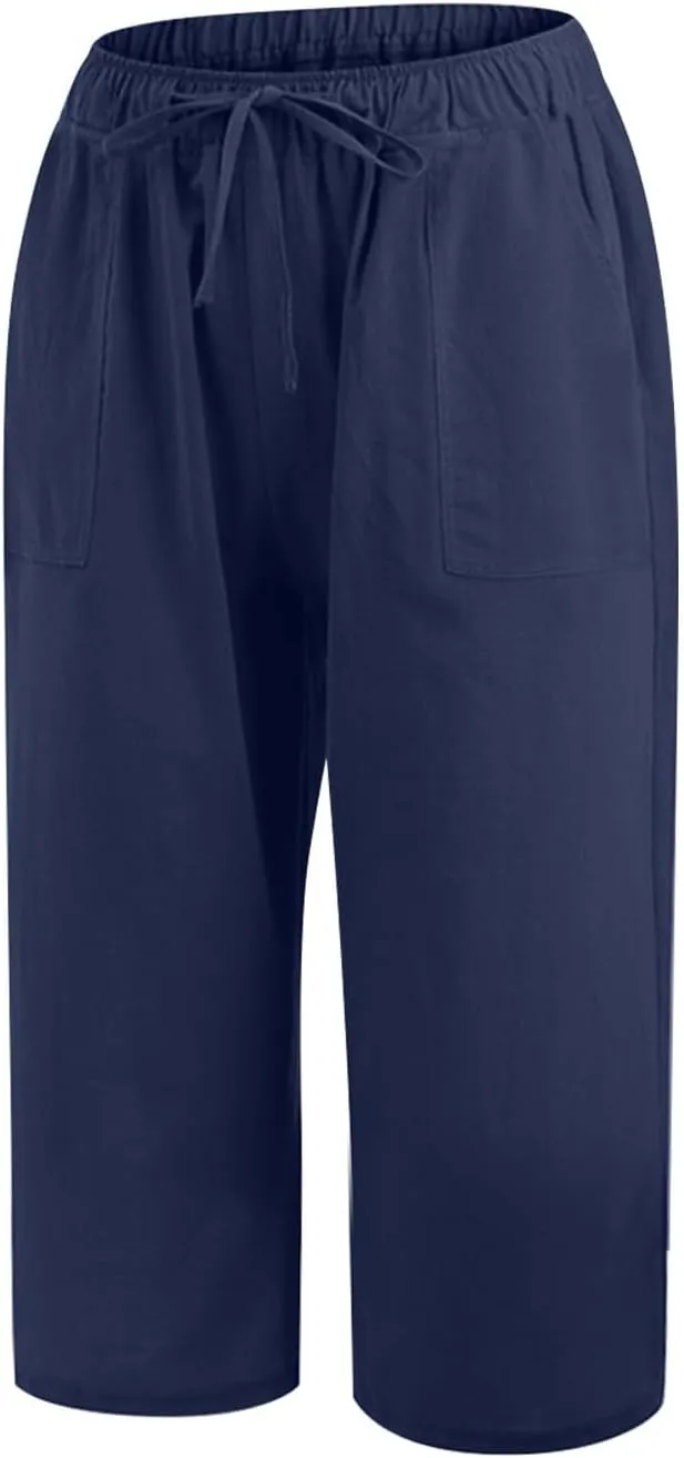 Linen Capris Pants for Women Summer Drawstring High Waisted Yoga Pants Comfy Soft Baagy Lounge Trousers with Pockets