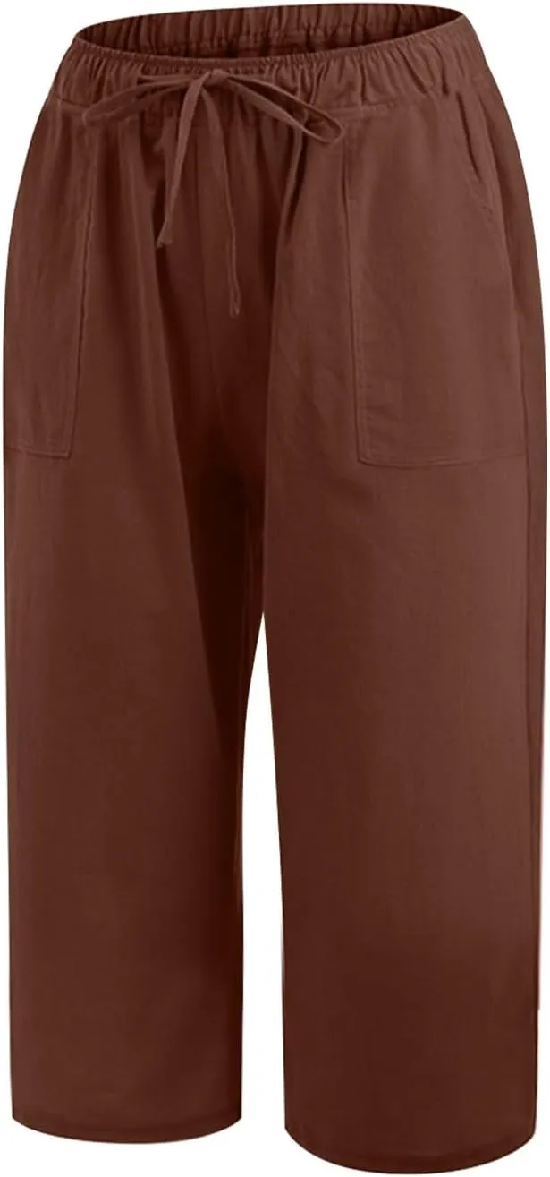 Linen Capris Pants for Women Summer Drawstring High Waisted Yoga Pants Comfy Soft Baagy Lounge Trousers with Pockets
