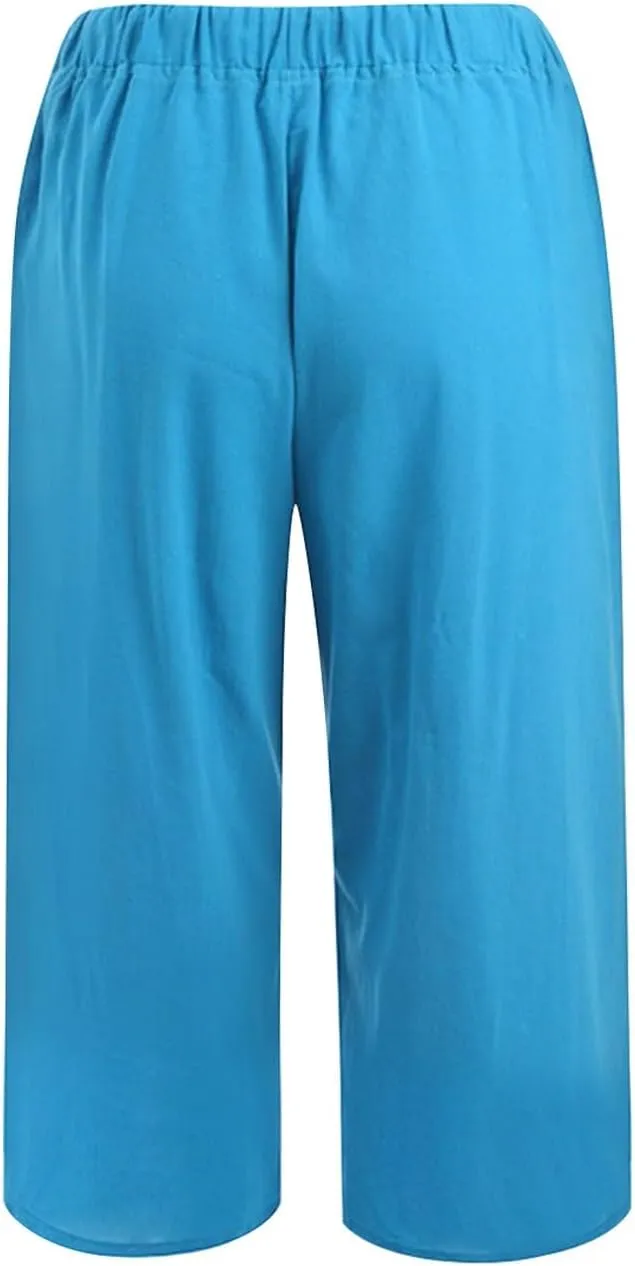Linen Capris Pants for Women Summer Drawstring High Waisted Yoga Pants Comfy Soft Baagy Lounge Trousers with Pockets