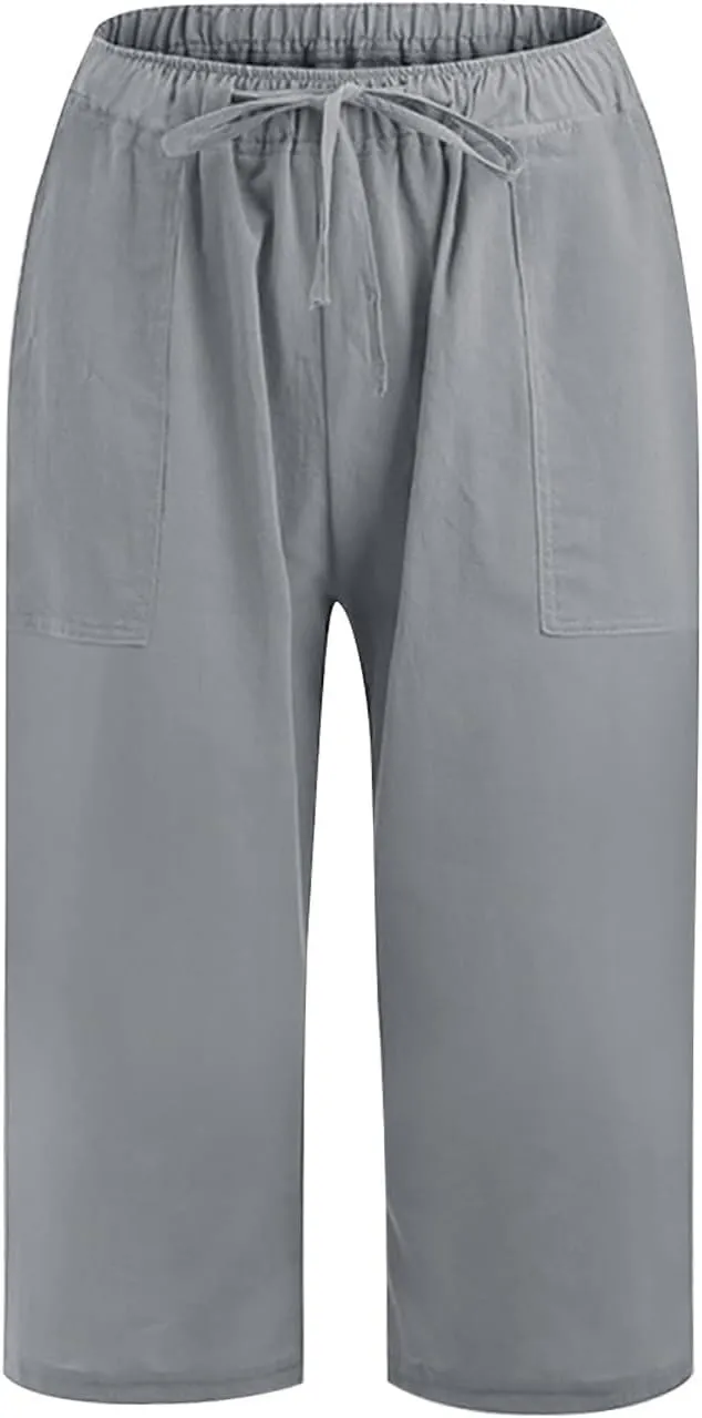 Linen Capris Pants for Women Summer Drawstring High Waisted Yoga Pants Comfy Soft Baagy Lounge Trousers with Pockets