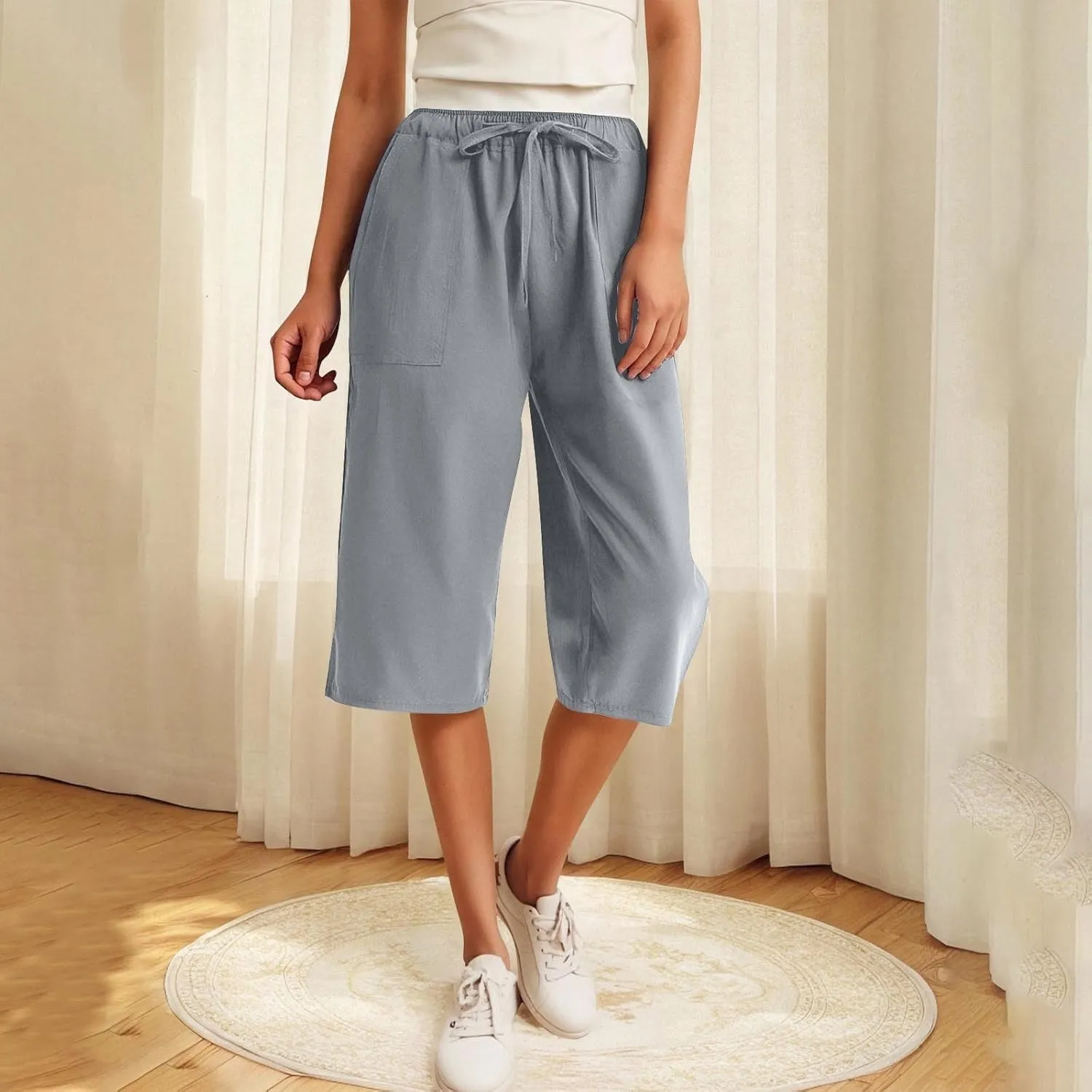 Linen Capris Pants for Women Summer Drawstring High Waisted Yoga Pants Comfy Soft Baagy Lounge Trousers with Pockets