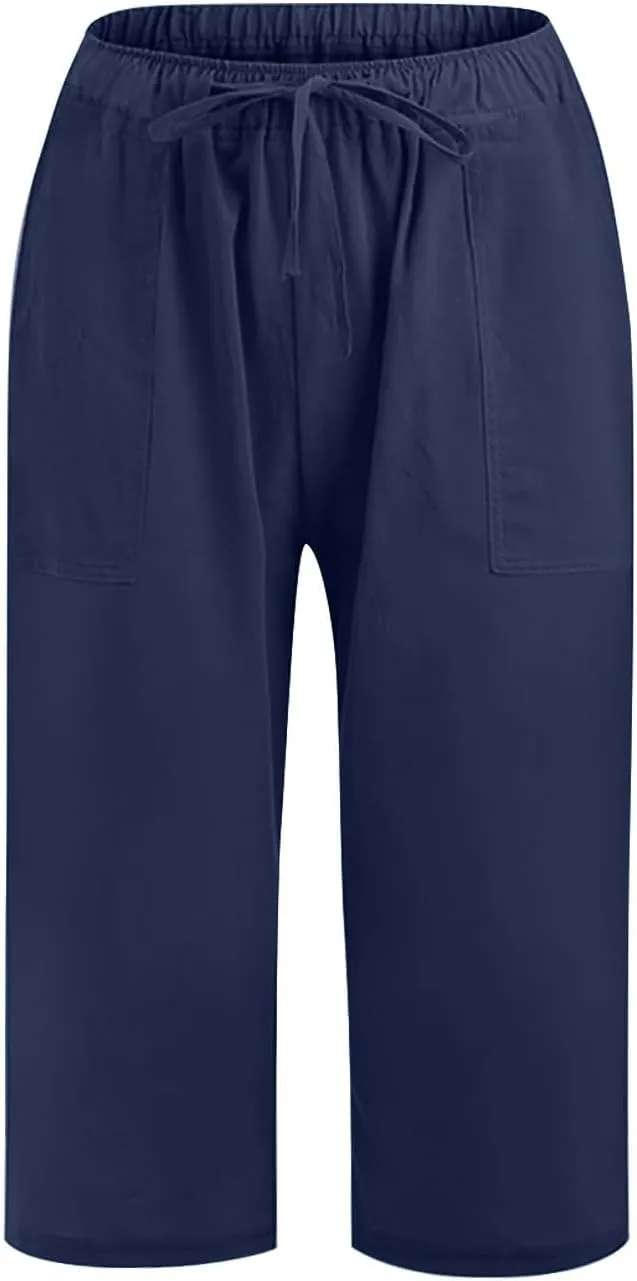 Linen Capris Pants for Women Summer Drawstring High Waisted Yoga Pants Comfy Soft Baagy Lounge Trousers with Pockets