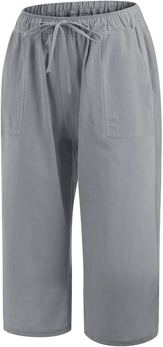 Linen Capris Pants for Women Summer Drawstring High Waisted Yoga Pants Comfy Soft Baagy Lounge Trousers with Pockets