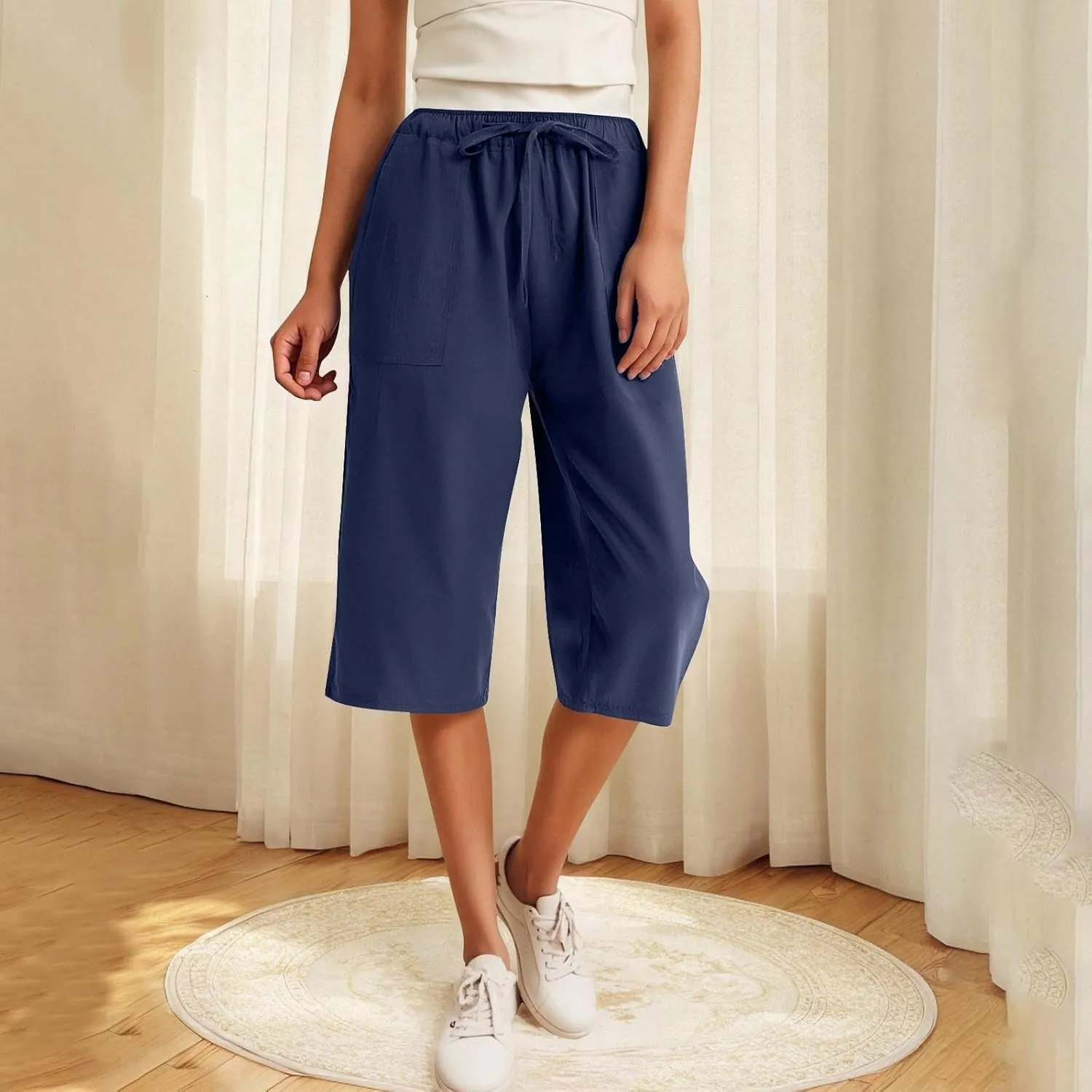Linen Capris Pants for Women Summer Drawstring High Waisted Yoga Pants Comfy Soft Baagy Lounge Trousers with Pockets
