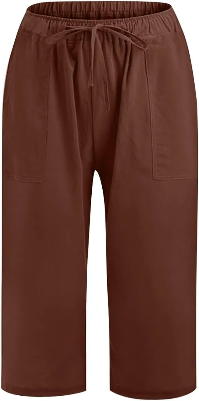 Linen Capris Pants for Women Summer Drawstring High Waisted Yoga Pants Comfy Soft Baagy Lounge Trousers with Pockets