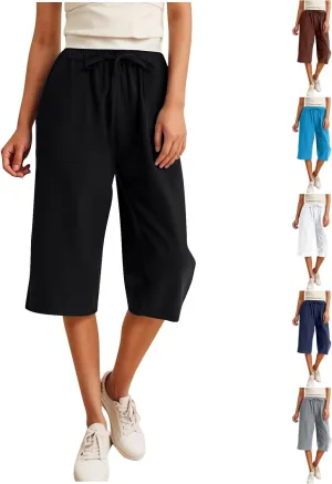 Linen Capris Pants for Women Summer Drawstring High Waisted Yoga Pants Comfy Soft Baagy Lounge Trousers with Pockets